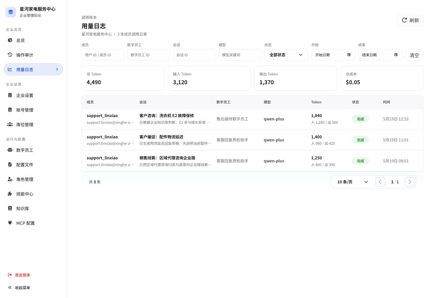 企业后台用量日志